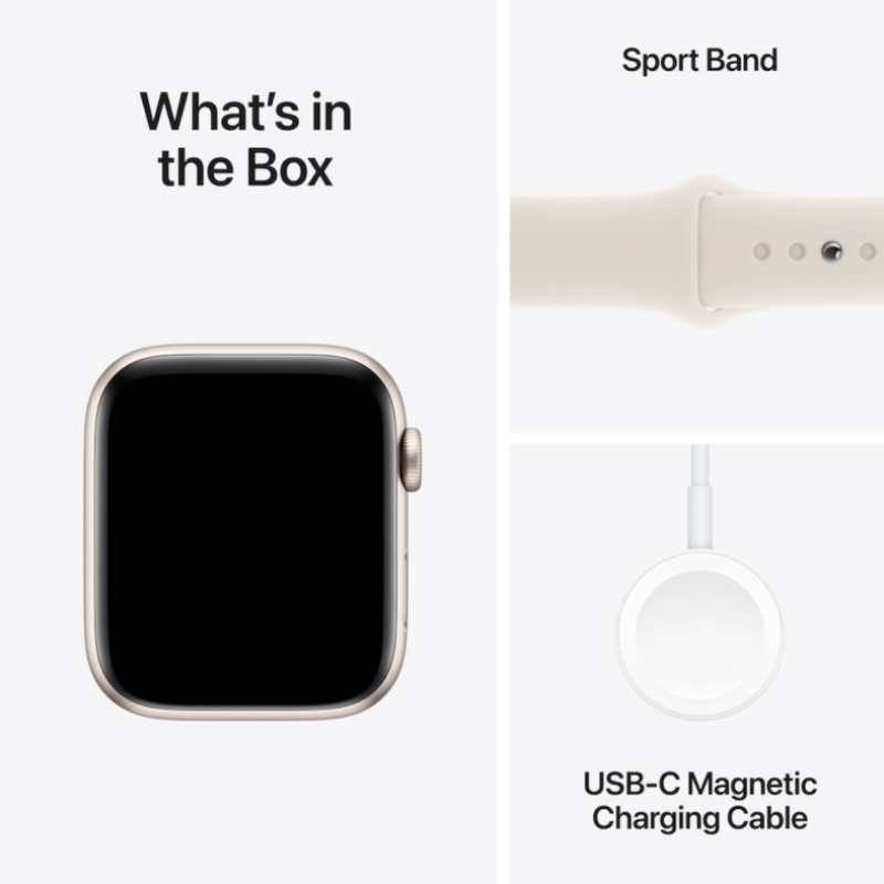 Apple Watch SE (2024), GPS, 40 мм, Starlight, спортна каишка S/M.